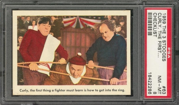 1959 Fleer "Three Stooges" #63 "Curly, The First… ", Rare Checklist Back – PSA NM-MT 8
